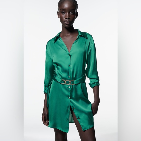 ZARA WOMAN FW23 EMERALD BELTED SATIN
EFFECT SHIRT DRESS 7729/581 💚 D25 - Picture 1 of 8